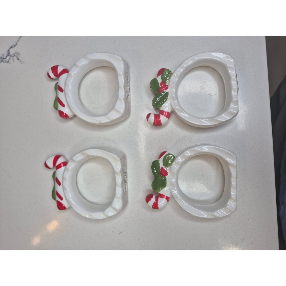 Christmas Napkin Rings Holiday Candy Cane Holly Berry Set of 4 Table Decor